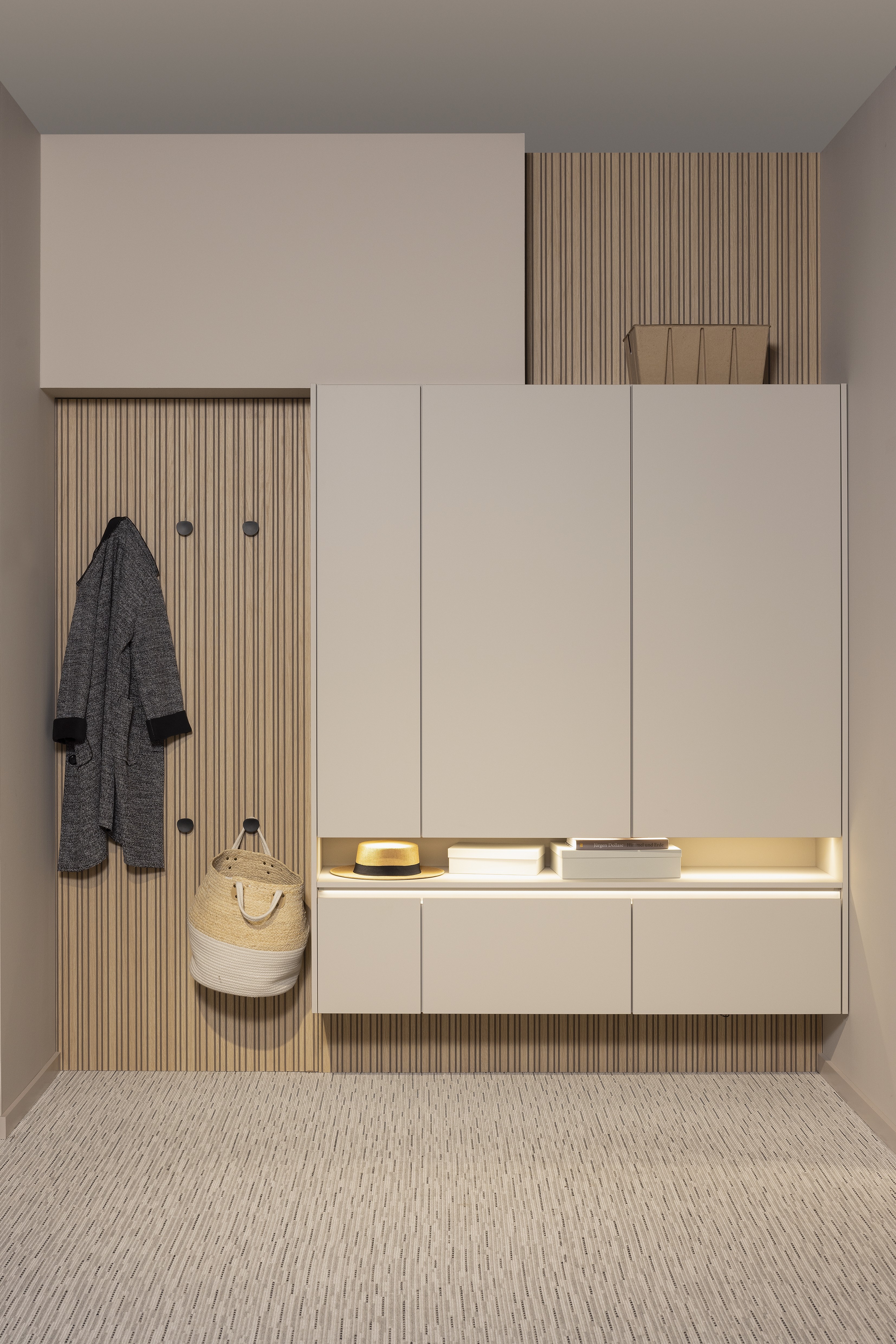 Küche 12/ Koje 2.07 easytouch Garderobe Korpus: 122 Sand Front:  969 Lacklaminat, Sand ultramatt Griff: Griffmulde Sand, 244 Metallknopf schwarz  Features: Garderobe, Schuhschrank 