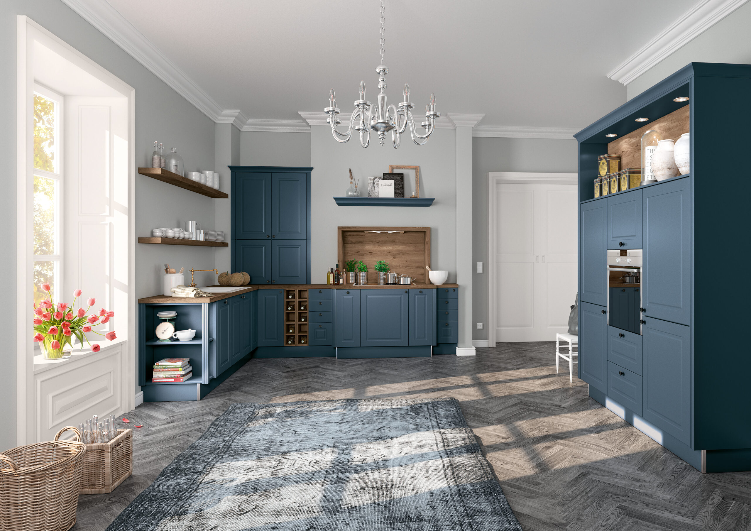 Impuls Landhausküche Alby Blue rechts breiter Hochschrank mit Einbauofen mittig links L-Küchenzeile mit offenem Weinregal im Unterschrankbereich